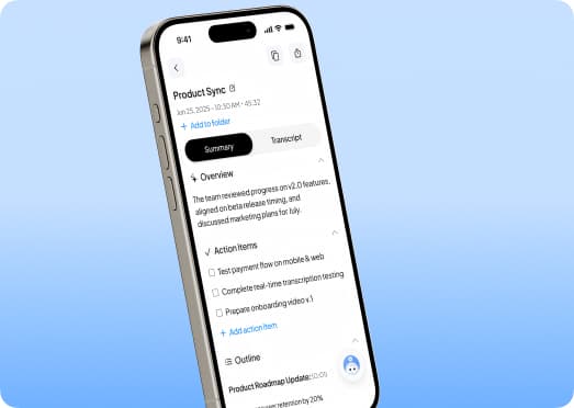 Notica AI summarization — structured meeting overview with key points and action items