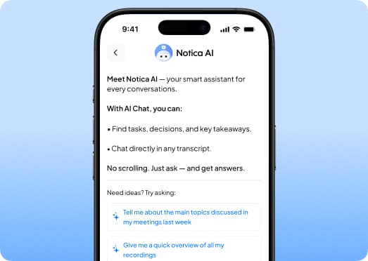 Notica AI chat assistant — asking questions about past meeting notes and getting instant answers